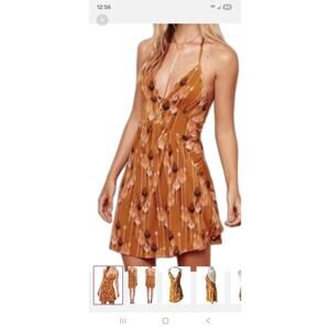 Free People Mini Dress Womens Medium Brown Peacock Feather Halter Beach Festival